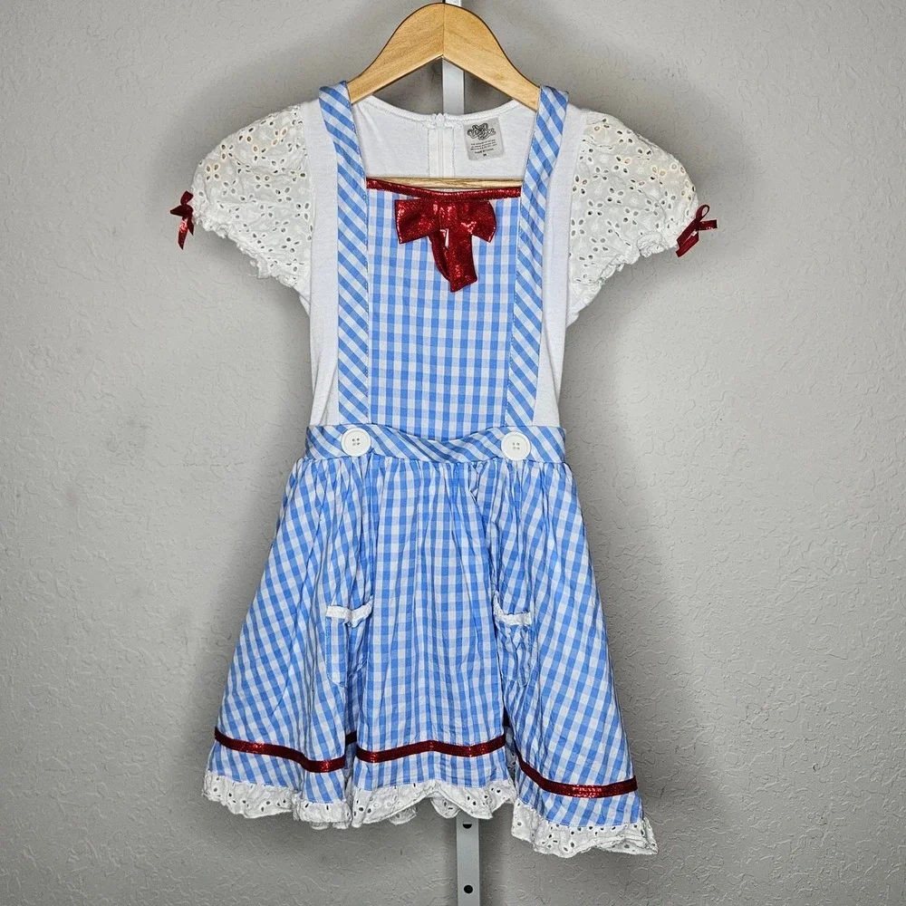 Wizard of Oz Dorothy Costume Dress Girls Medium Blue Gingham Eyelet Lace Spirit
